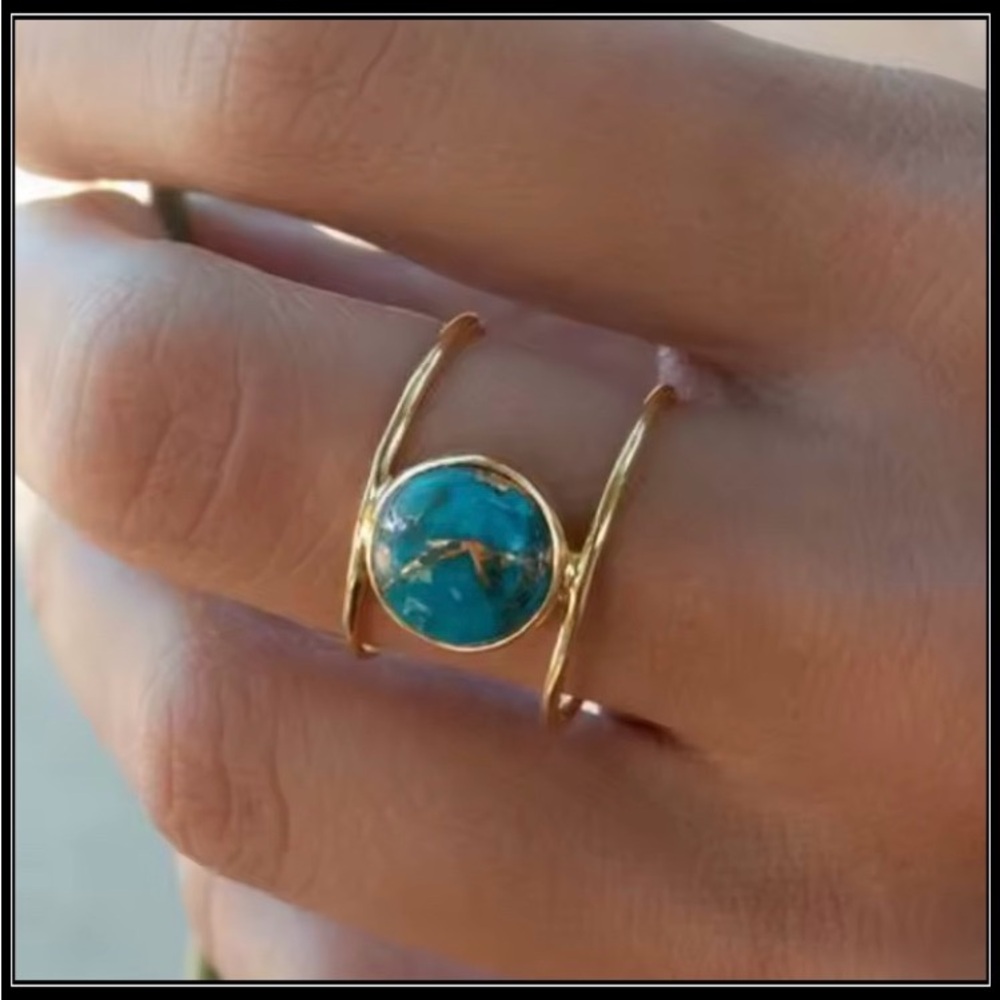 New Turquoise Horizon Gold Ring – Open Concept Band Statement Boho Ring